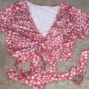 Red Floral Shein Crossover Crop Top